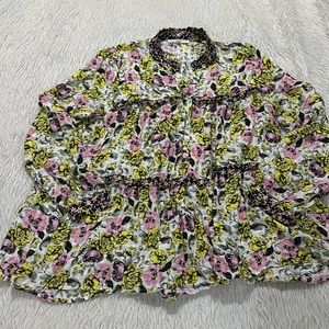 Anthropologie pink floral ruffle boho long sleeve blouse size xl
